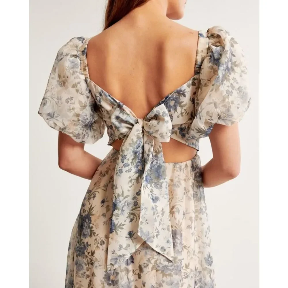 Abercrombie & Fitch Emerson Drama Bow-Back Maxi Dress in Cream Floral Size SP